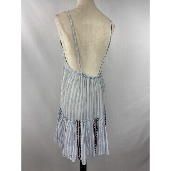 Lemlem Sundress Dress White Blue Stripe Large Ruffle Raw Hem Low Back - Picture 2 of 8